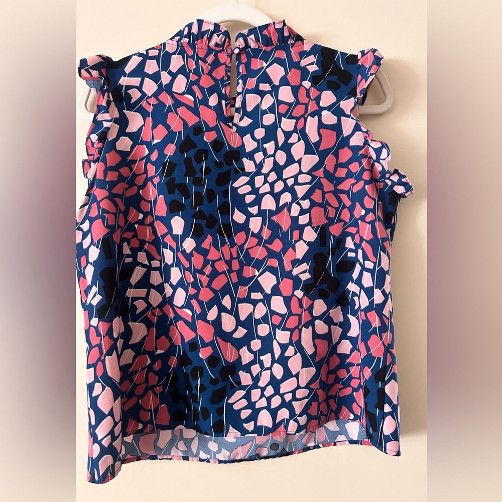 THML Navy and Pink Ruffle-Trim Sleeveless Blouse - Picture 2 of 4